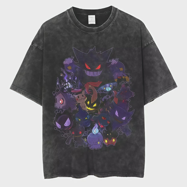 Vintage Washed Black Ghost Pokemon Gengar Family Print 100% Cotton Crewneck Casual Oversized Short Sleeve T-Shirt For Men Women