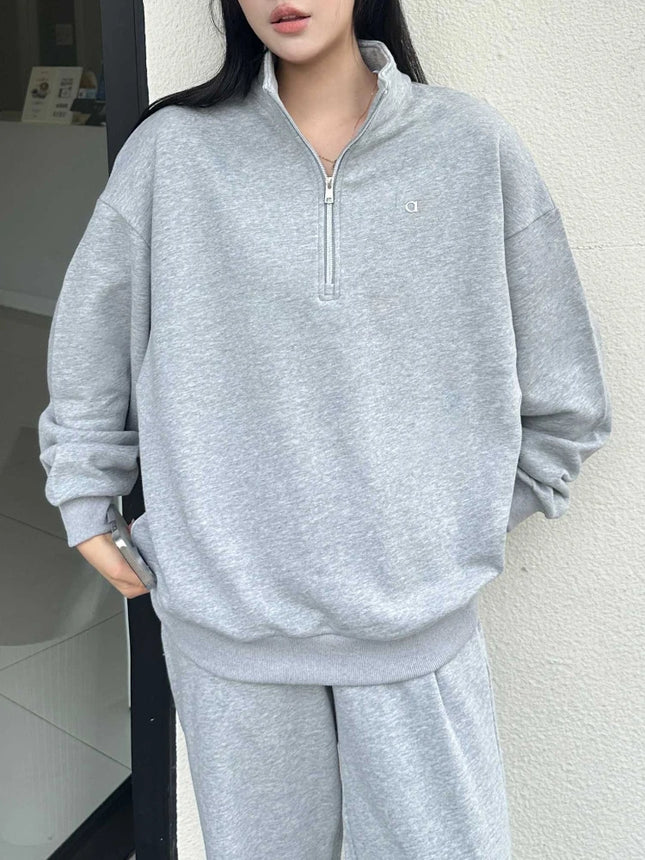 Autumn New Loose Stand Up Collar Pullover Casual Fashion Long-sleeved Gray Zip Sweatshirt Black Sports Fitness Hoodies Women