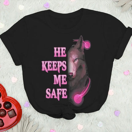 Vintage Wolf Print T Shirt For Couple "He Keeps Me Safe She Keeps Me Wild" Women Men Harajuku Husband Wife Anniversary Tshirts