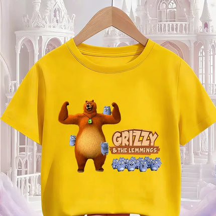 Hot Cartoon Grizzy and the Lemmings T-Shirt 3-14Y Boys Girls Summer Cute Kawaii Fashion Street Casual Crew Neck