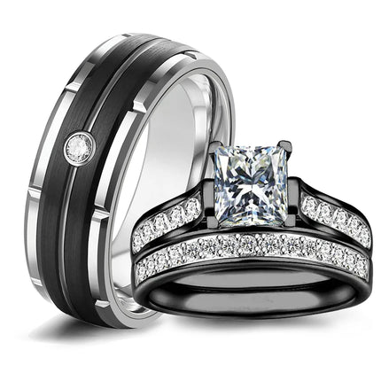 Fashion Couple Rings Women's White Rhinestones Zircon Ring Sets Men's Stainless Steel Zircon Stones Rings Wedding Band Jewelry