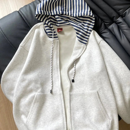 2000S American Vintage Striped Loose Long Sleeve Hooded Sweatshirt Y2k Subculture Casual Zip Up Hooded Cardigan Harajuku Coats