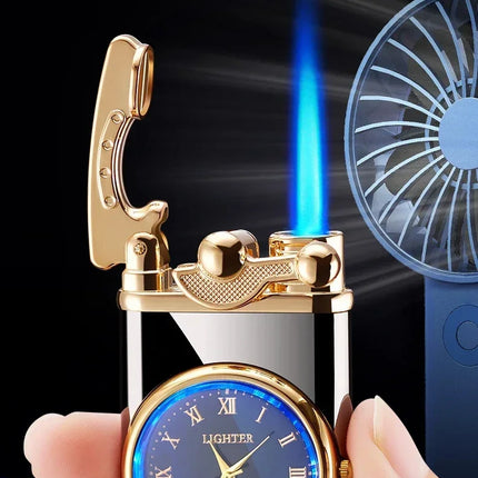 New Quartz Watch Windproof Lighter Metal Blue Light Rocker Arm Butane Jet Flame Torch Lighter Smoking Men's Gift Ignition Tools