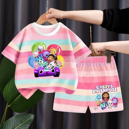 Gabby Dollhouse Children Summer Clothes Shorts Suit 2pcs Striped T-shirt Set Kid Tops Girl Tracksuits Outfits Boy Sport Tee Gift
