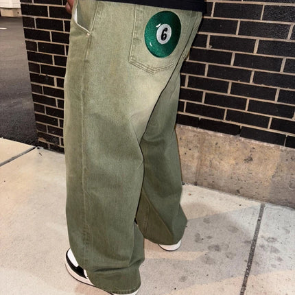 Y2K Street Matcha Denim Jeans Pocket Green 6 Ball Embroidery Denim Pants London High Street Trend Streetwear Unisex Baggy Jeans