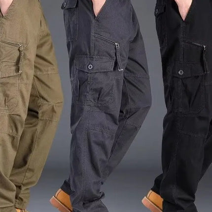 Men's Workwear Pants Multiple Pockets Outdoor Casual Trousers Wear-Resistant Loose Straight Leg Long Pants High Waist Zipper