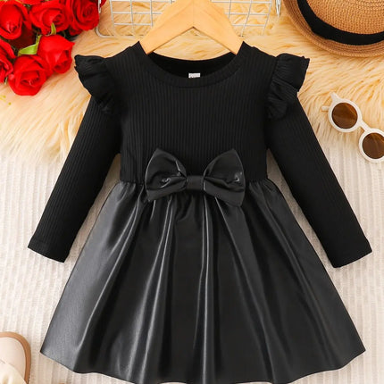 Spring/Autumn Baby Girls' Round-Neck Dress with Bow Decor and Leather Patchwork Long-Sleeved Casual Dress
