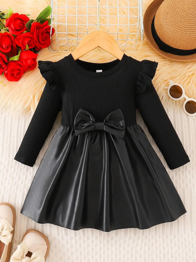 Spring/Autumn Baby Girls' Round-Neck Dress with Bow Decor and Leather Patchwork Long-Sleeved Casual Dress