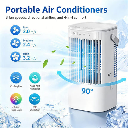 Portable cooling fan with seven-color night light, 900ml large capacity, USB interface, suitable for living room, bedroom, etc