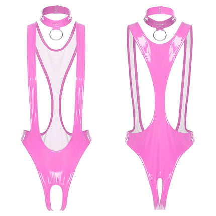 Womens Sexy Glossy Patent Leather Bodysuit – Plunging V-Neck, Backless & Footed for A Bold Night Sissy One-Piece Lingerie Outfit