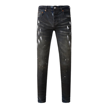 High Street Men's Jeans American Distressed Dark Black Coated Blank Stretch Skinny Button Fly Ripped Pants Trousers