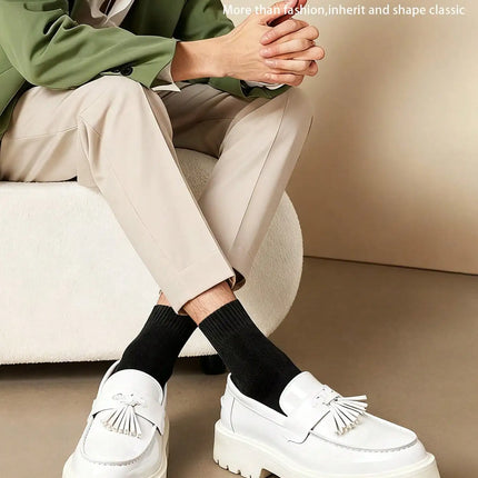 Fashion Tassel Thick Sole Leather Men's Shoes Loafers Slip-On Business Dress Shoes For Gentleman Glossy Formal Party White Shoes