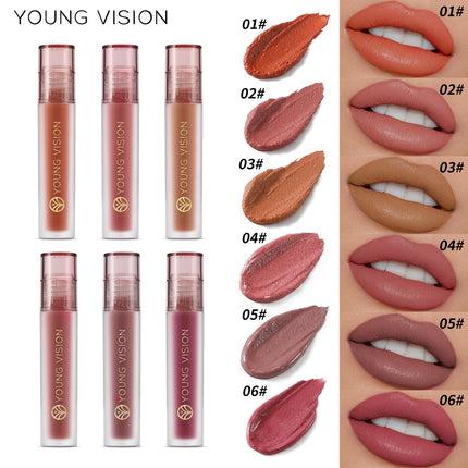 YOUNG VISION 6-Color Matte Velvet Lip Gloss Silky Smooth, Long-Lasting Color Seductive Feminine Lip Makeup