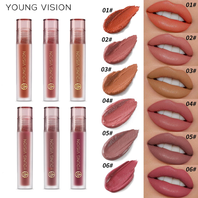 YOUNG VISION 6-Color Matte Velvet Lip Gloss Silky Smooth, Long-Lasting Color Seductive Feminine Lip Makeup