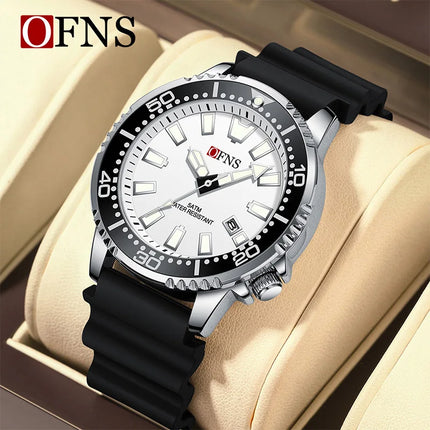 OFNS High Quality Fashion Men's Quartz Watch Calendar Luminous Display 50M Waterproof Luxury Watches Rubber Strap Men's Watch