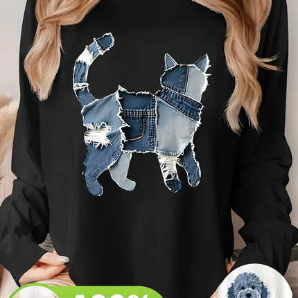 Women's Autumn and Winter 100% Pure Cotton Fashionable Casual Heart-Shaped Printed Round Neck Long-Sleeved T-Shirt Top