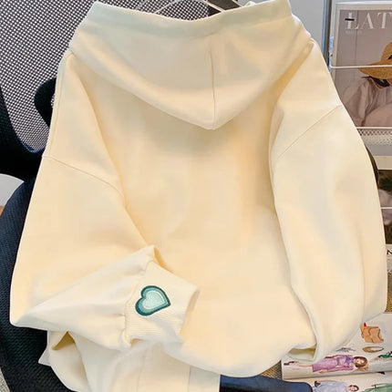 Horetong 2022 Hooded Casual Sweatshirt For Women Korean Autumn Winter Heart Embroidered Loose Hoodies New Long Sleeve Pullover