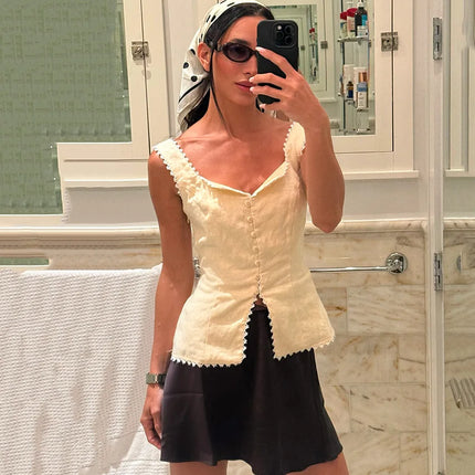 Linad Vintage Khaki Lace Spaghetti Strap Vest 2026 Elegant Square Collar Single Breasted Camis Street Chic Sleeveless Top Female