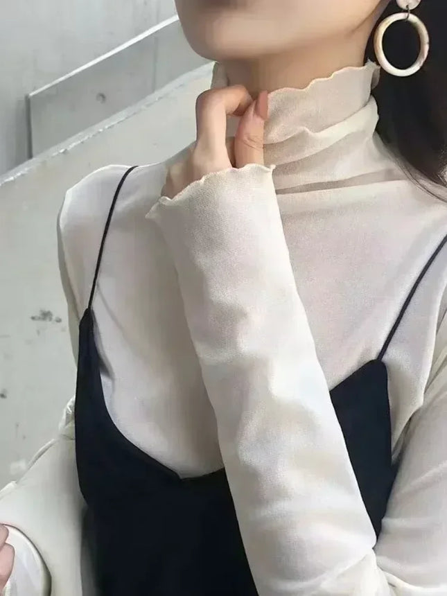 High Neck Sheer Mesh Top Women Clothing Long Sleeve Turtleneck T-shirt Korean Sexy See Through Black White Beige Shirt New