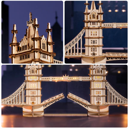 Rolife DIY Wooden 3D Puzzle Tower Bridge Model Building Kit Brain Teaser Puzzle Toy with LED Light for Home Decor Gift for Adult