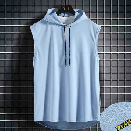 Men's lace up hooded sleeveless vest, men's summer loose solid color hip-hop T-shirt top, sports vest