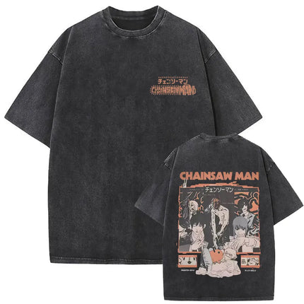 Washed Vintage Anime Chainsaw Man Makima Merch T-shirt Men Women Manga Casual Oversized T Shirts Male Retro 100% Cotton T-shirts
