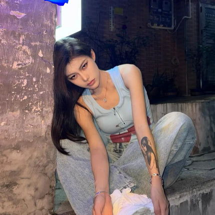 Blue Cherry Print Crop Top Women's Summer Slim Fit High Street Short Zipper Trendy Strap Vest Sweet Style 8-24 Years Old