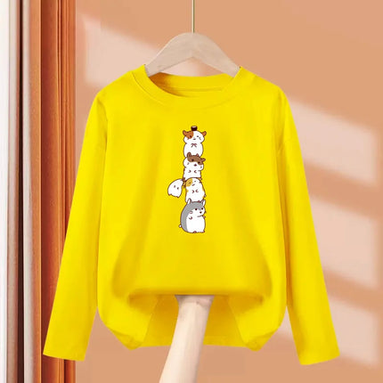 Childrens Spring Autumn T-shirt Human Pyramid Cat Cartoon Shirt Boys Girls Long Sleeved Top Cotton Clothing
