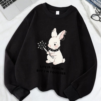 Cute Punk Style Rabbit Printing Sweatshirts Women Soft Fleece Warm Hoodie Winter Loose Pullover Casual Crewneck Woman Clothes