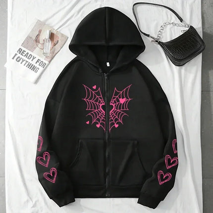 2025 Hot Sale Women's Hoodie Cute Spider Web Heart Print Zip-up Sweatshirt All Season Female Urban Casual Fashion Hooded Jackets