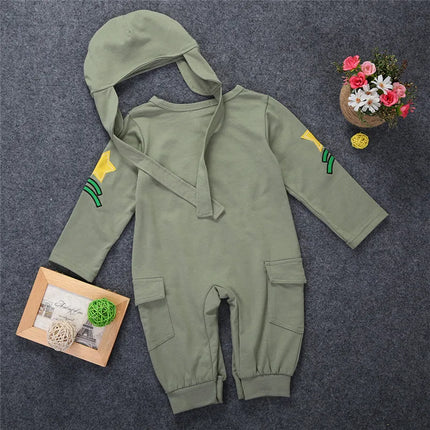 6-24months Baby Boys 2pcs Outfit Long Sleeve Pilot Romper + Cap Army Green Jumpsuit For Infant Boys Spring Autumn Playsuit