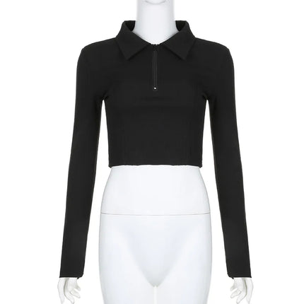 Women's T-shirt Autumn New Black Long Sleeves Crop Top Casual Fashion Zippers T-shirt Lady Turn-down Collar Sexy Tops Clothing