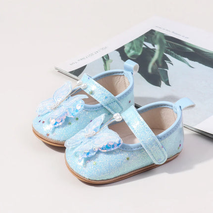Shiny 3D Butterfly Princess Dress Shoes for Baby Girl Glitters Flats Non-Slip Crib Shoes Walking Shoes for Toddlers Infants