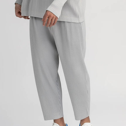 Miyake Pleated Straight Pants Men Clothing Black Pencil Cropped Pants Street Wears Men Japanese Style Ankle Length Pants