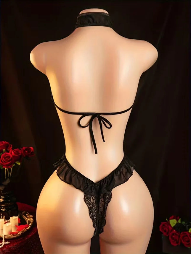 Erotic Open Bra Women Sexy Lingerie Plus Size S M L XL 2XL Lace Tassel Underwear Crotchless Bodysuit Transparent Deep V Nightgow