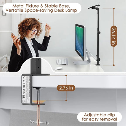 24W LED Clip Desk Lamp with Remote Control Rotatable 3 Head Stepless Dimming Eye-Caring Reading Desk Lamp for Office PC Studying
