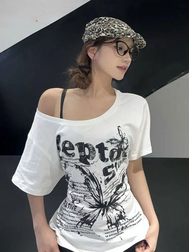 White Y2k Vintage Oversize Off shoulder Short sleeve T shirt With Print Women Casual Graphic Summer Top Butterfly Tees
