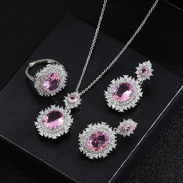3Pcs/set For Women Girls Party  Elegant Luxury Fashion Crystal Zircon Necklace Earrings Ring Wedding Bride Jewelry Set Gifts