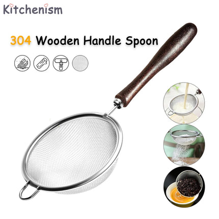 Kitchenism 304 Stainless Steel Mesh Strainer Filter Spoon with Wooden Handle for Filtering Juices Residues Flour Tea