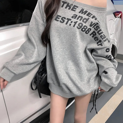 Sexy Oversized T-shirt Women Streetwear Letter Print Skew Collar Off Shoulder Long Sleeve Basic Top Korean Fashion Loose T-shirt