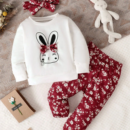 Spring And Autumn Baby Girl Rabbit Print Bow Front Pullover & Floral Print Pants & Headband