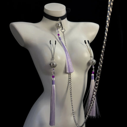Purple Women's Fringe Nipple Clamps, SM Collar, Butt Plug, Bells, Couples' Teasing Adult Toys, Nipple Stimulation Sex Product