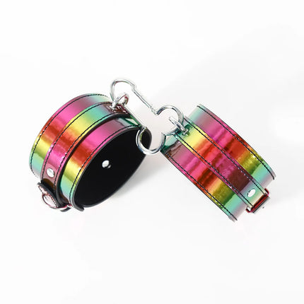 Rainbow BDSM Kit PU Leather Restraints with Handcuffs Cuffs Collar Leash Blindfold Ball Gag Paddle for Couples Role Play Sex Toy