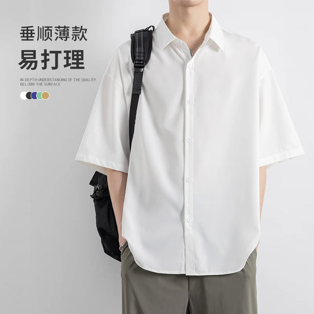 Men's Summer Korean Half Sleeve Shirt Men's Collar Solid Color Shirt Loose Short Sleeve