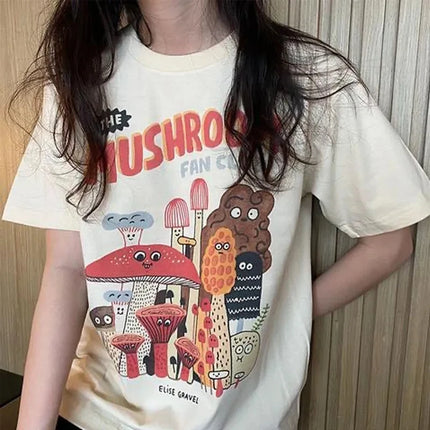 The Mushroom Cute Women's T-Shirt Harajuku Vintage 80s 90s Cotton Short Sleeve Kawaii Graphic Funny Tee Streetwear Clothes
