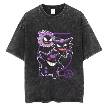 2026 Anime Washed Vintage Summer Pokemon Gengar Short Sleeve Tee Graphic T-Shirt Man Women Cosplay Casual Tops Y2k Streetwear