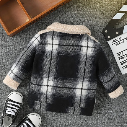Baby boy fashionable and simple long sleeved plaid patchwork plush jacket for autumn and winter