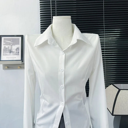 White Shirt Women Tops Korean Long Sleeve Blouses Lace Up Button Up Shirt Office Lady Black Fashion Slim Turn-Down Collar Blouse