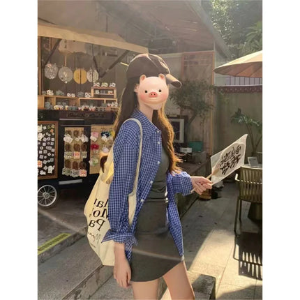 Blue Plaid Casual Sle Women's irt Jaet Loose Fit Autumn Outerwear Open Cardigan Top Seasonal Collection  Collar
