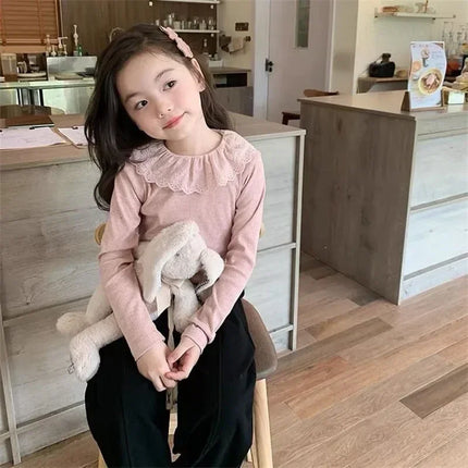 1-12 Years Long-Sleeved Shirts Children's Spring Knitted Tops Baby's Lace 2025 Lace Base Shirt Korean Girls Ruffle Collar T-shirt